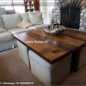 Round Wood Coffee Table, Coffee Table With 4 Stools Coffee & Center Table Online
